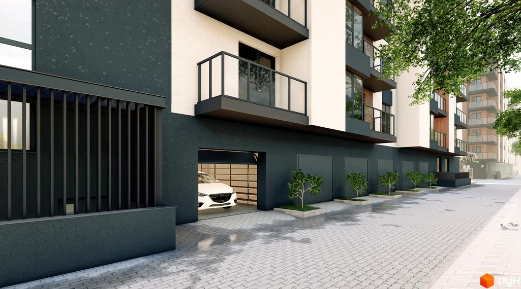 Зовнішній вигляд ЖК PALMIRA CITY з гаражними воротами та балконами, прибудинкова територія з бруківкою та деревами.