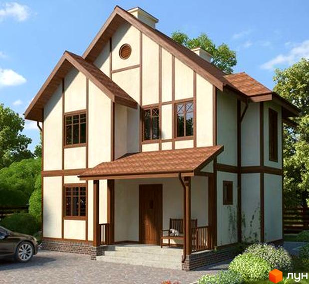 Двоповерховий будинок з коричневою черепичною покрівлею та світлими стінами, прикрашений темними дерев'яними елементами. На передньому плані – доглянута прибудинкова територія з рослинами та автомобілем.