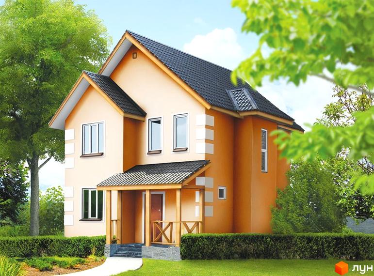 Двоповерховий будинок з помаранчевими стінами та чорним дахом. Перед будинком розташована доглянута прибудинкова територія з зеленими насадженнями.