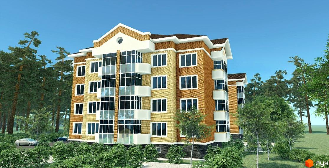 Житловий комплекс Полтавський. Багатоповерховий будинок з цегляним фасадом та панорамними вікнами. На території комплексу зелені насадження та дерева.