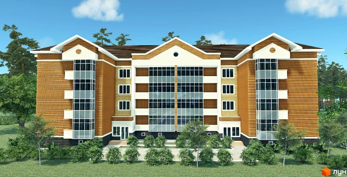 Зображення фасаду будівлі ЖК Полтавський. Цегляний будинок з великими вікнами та балконами, навколо якого розташовані дерева та зелені насадження.