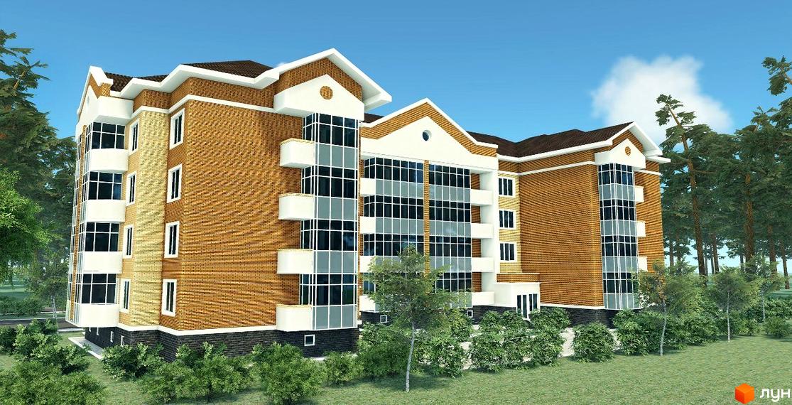 Житловий комплекс Полтавський. Багатоповерховий будинок з цегляними стінами та панорамним склінням. На прибудинковій території зелені насадження та дерева.