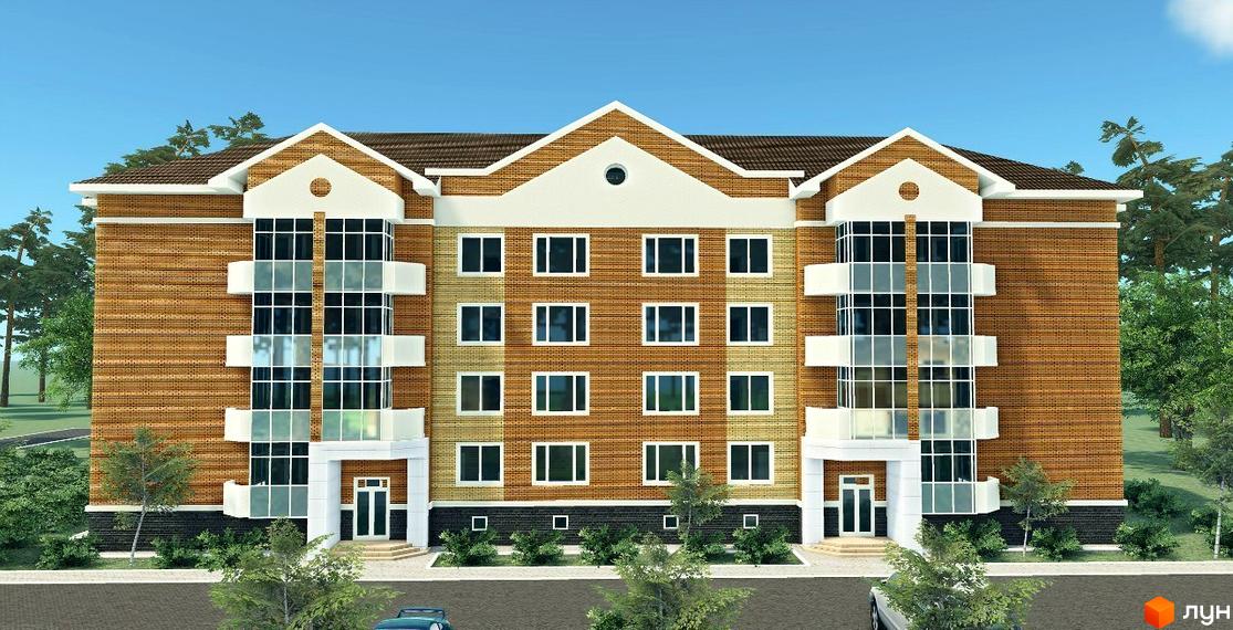 Зображення фасаду житлового комплексу. Цегляний будинок з великими вікнами та балконами. На прибудинковій території є дерева та зелені насадження.