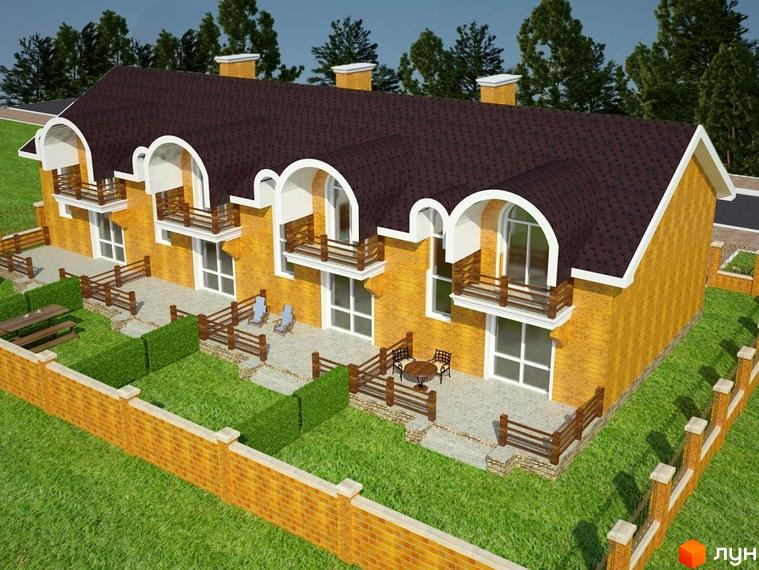 Житловий комплекс з жовтої цегли з арковими вікнами та балконами. На території будинку є газон, тераси, огорожа з цегли та зелені насадження.