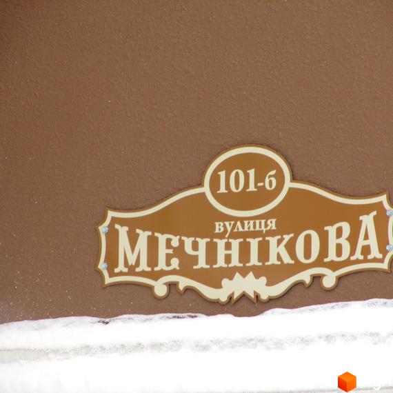 Адресна табличка з номером 101-6 та назвою вулиці Мечнікова. Будівельний проєкт з коричневими стінами та снігом біля основи.