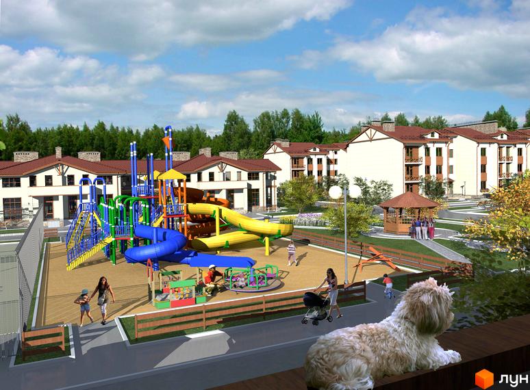 Житловий комплекс Пейзажні озера з дитячим майданчиком та будинками з червоними дахами. На території комплексу є альтанка та зелені насадження.