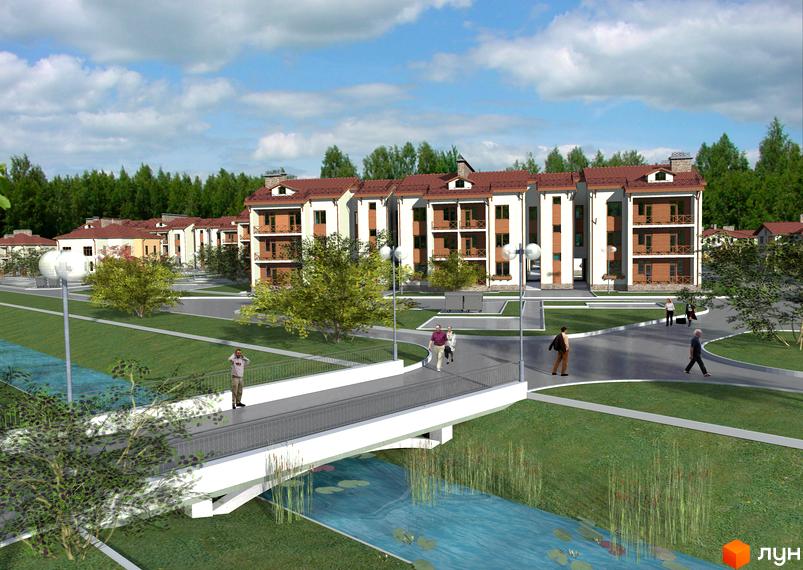 Житловий комплекс Пейзажні озера з будинками з коричневими дахами та балконами. На території є місток через річку та зелені насадження.