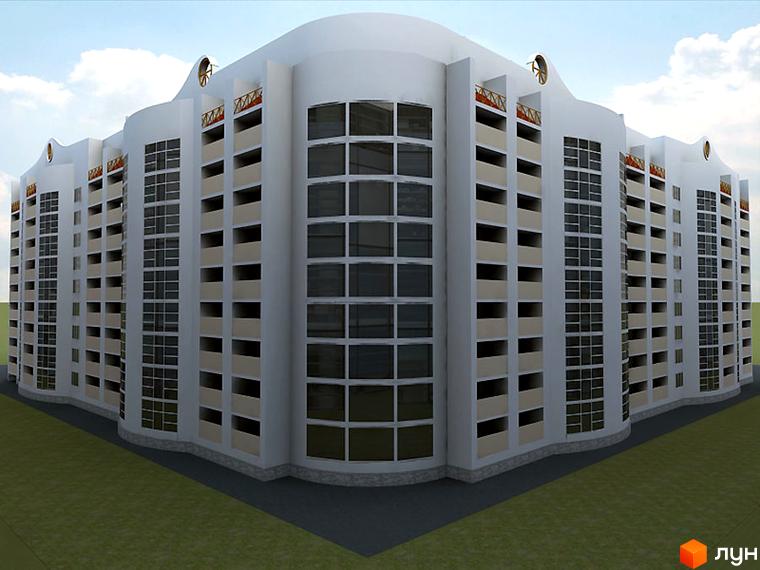 Зображення багатоповерхового будинку. Фасад будівлі виконаний у світлих тонах з великою кількістю вікон. Навколо будинку зелена зона та асфальтована дорога.