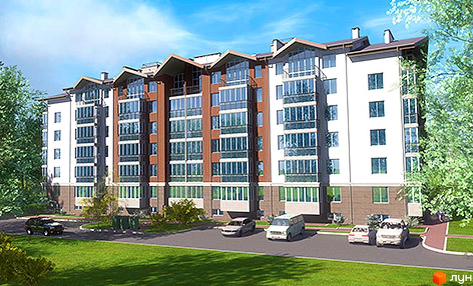 Житловий комплекс Никольский. Багатоповерховий будинок з панорамними вікнами та балконами. На прибудинковій території є зелена зона та парковка для автомобілів.