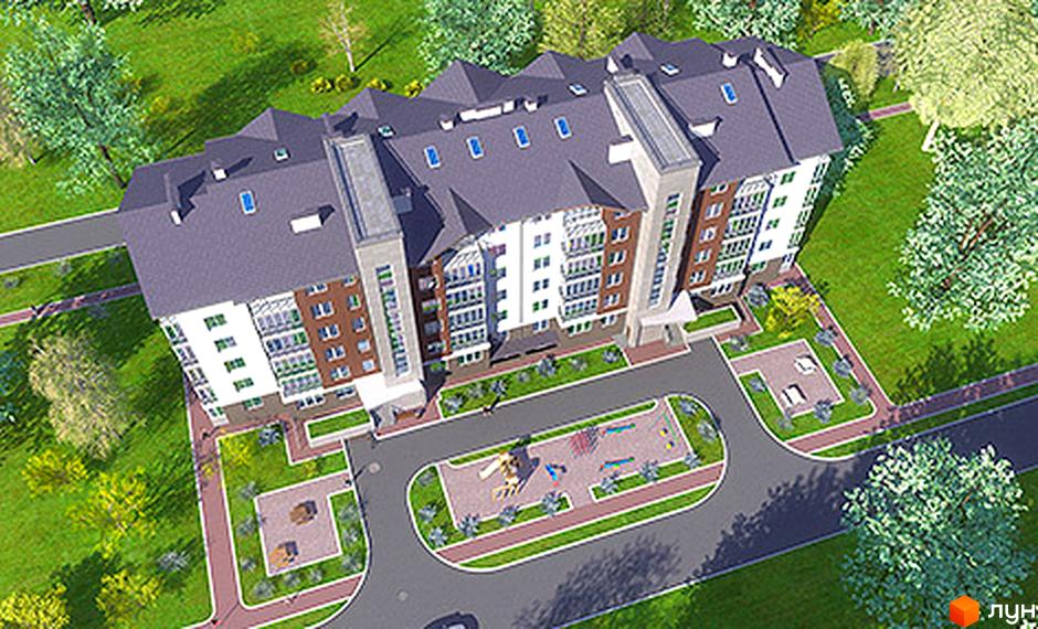 Житловий комплекс Никольский. Багатоповерховий будинок з сірим дахом та фасадом з цегляним кольором. На прибудинковій території є дитячий майданчик та зелені насадження.