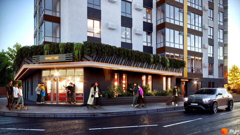 Зовнішній вигляд новобудови ЖК Зоря 2 з фасадом з білої та темної штукатурки, великими вікнами та зеленню на фасаді. На прибудинковій території люди гуляють, біля будинку припаркований автомобіль.