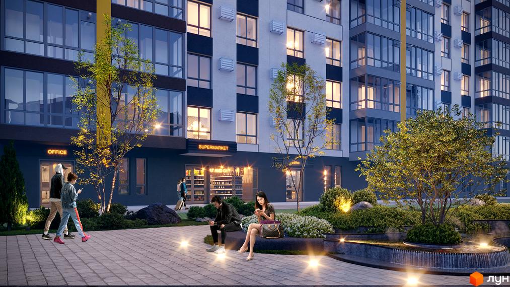 Зовнішній вигляд новобудови ЖК Зоря 2 з вікнами та балконами, прибудинкова територія з деревами та фонтаном.