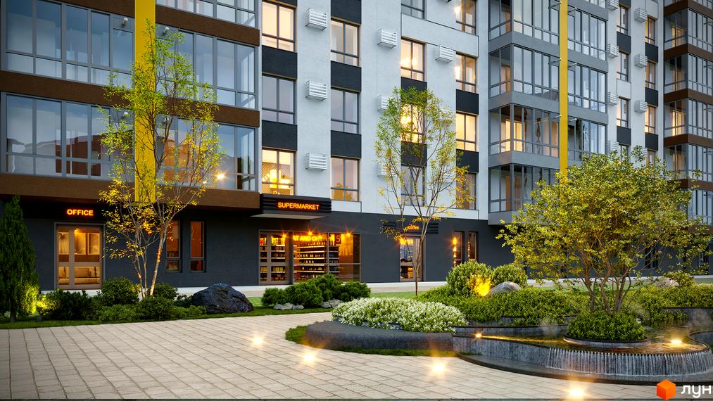 Житловий комплекс Зоря 2. Фасад будівлі з великими вікнами та балконами, прибудинкова територія з ландшафтним дизайном та фонтаном.