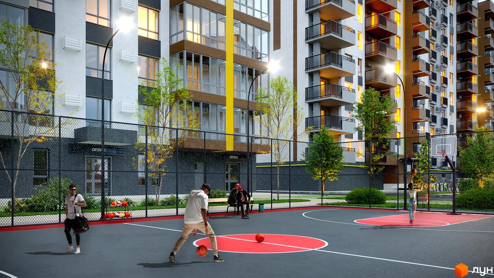 Житловий комплекс Зоря 2 з баскетбольним майданчиком та зоною відпочинку. Сучасний житловий комплекс з елегантною архітектурою та упорядкованою територією.