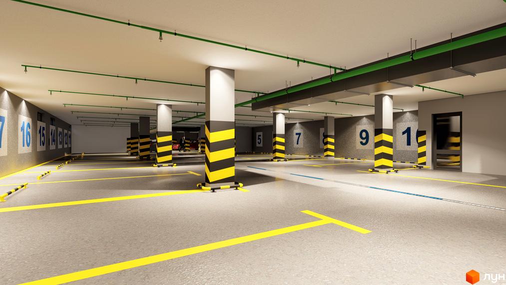 Підземний паркінг житлового комплексу Зоря 2 з пронумерованими місцями та яскравою розміткою. Паркінг має бетонну підлогу та стелю, колони з чорно-жовтими смугами.