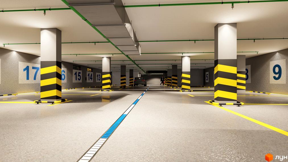 Паркінг у ЖК Зоря 2 з пронумерованими місцями та захисними стовпчиками. Сучасний підземний паркінг забезпечує зручне зберігання автомобілів.