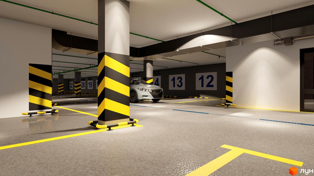 Підземний паркінг ЖК Зоря 2 з позначеними місцями для паркування та світловідбиваючими елементами на колонах. Паркінг має чисту підлогу та добре освітлення.