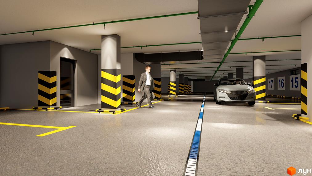 Підземний паркінг в ЖК Зоря 2 з розміткою та місцями для паркування. На зображенні видно колони з попереджувальними знаками та автомобілі.