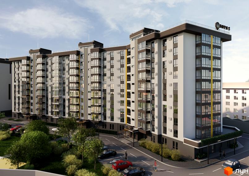 Житловий комплекс Зоря 2 - це багатоповерхова новобудова з великою кількістю вікон та балконів, розташована біля зеленої зони з деревами та доглянутими газонами.