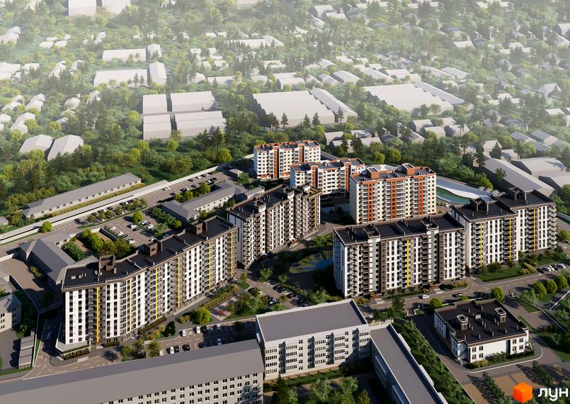 Зовнішній вигляд житлового комплексу Зоря 2 з багатоквартирними будинками та прибудинковою територією з парковкою та зеленими насадженнями.