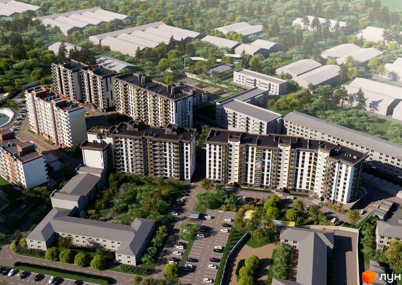 Зовнішній вигляд житлового комплексу Зоря 2 з багатоповерховими будинками та прибудинковою територією з деревами та парковкою.