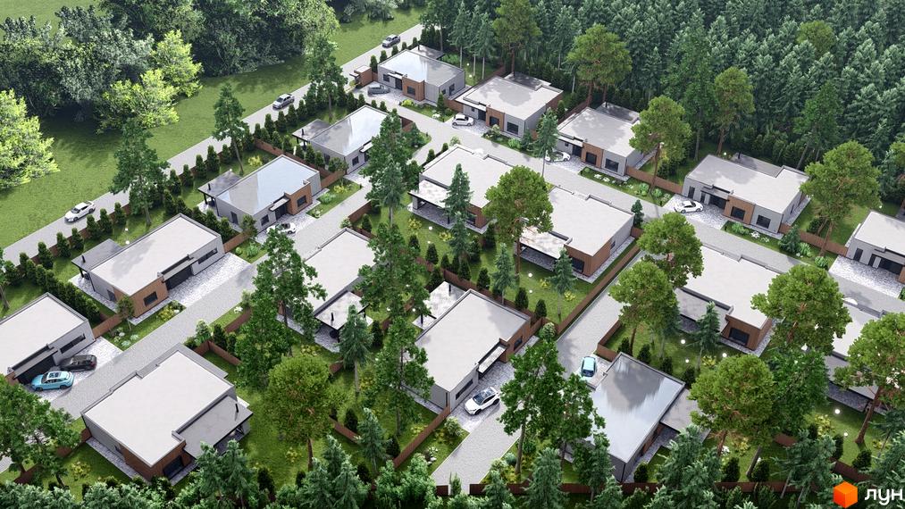 Житловий комплекс VISION: сучасні будинки з пласкими дахами та акуратними ділянками, оточені зеленню. Ідеальне місце для комфортного життя.