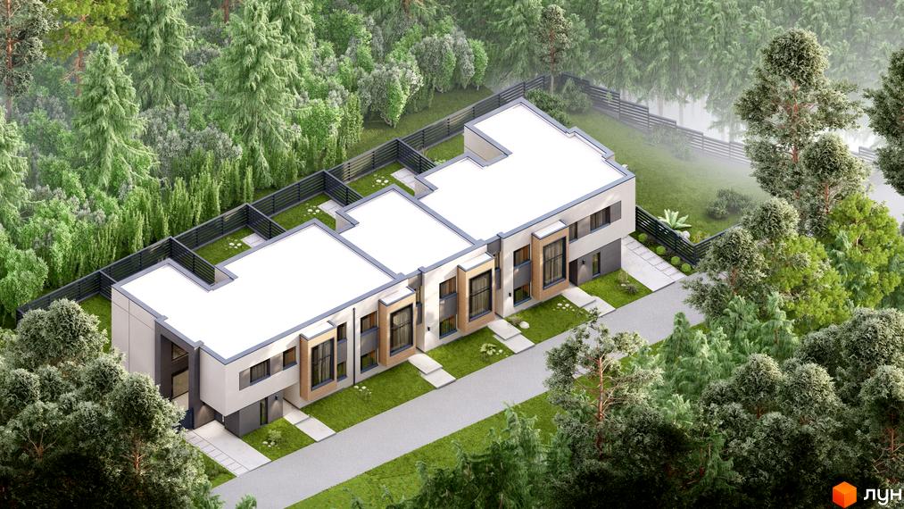 Таунхауси житлового комплексу VISION з білими дахами та світлими фасадами, оточені густим лісом та зеленими газонами.