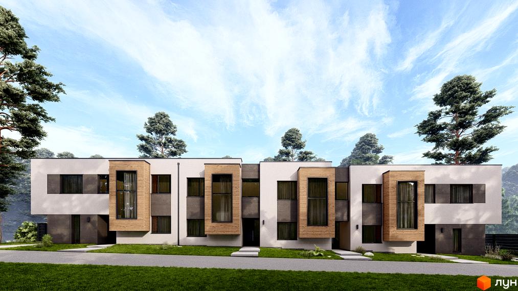 Будинок житлового комплексу VISION з великими вікнами та дерев'яними елементами фасаду. Навколо будинку зелена галявина та дерева.