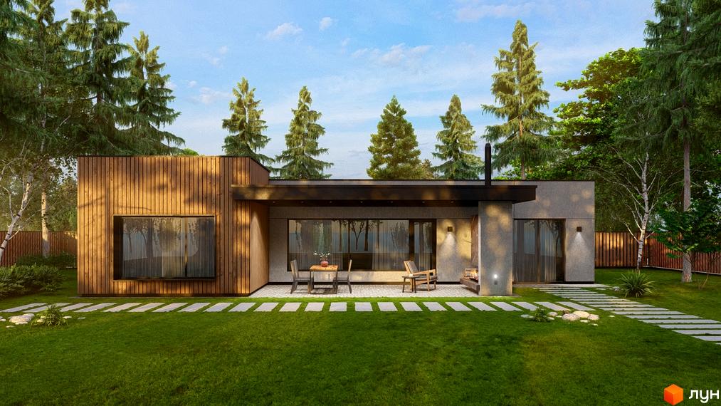 Одноповерховий будинок з дерев'яним фасадом та великими вікнами, розташований на зеленій ділянці з доріжками з плитки.