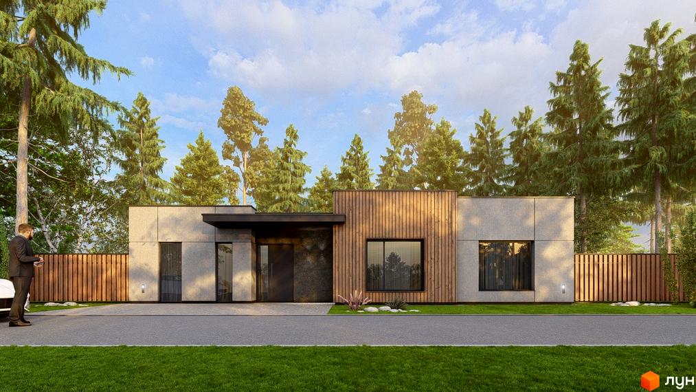 Одноповерховий будинок Комплексу VISION з фасадом з дерева та сірих панелей. Прибудинкова територія має доріжку, паркан та хвойні дерева.