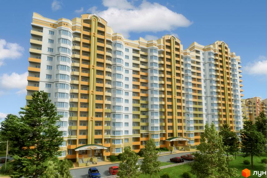 Зовнішній вигляд новобудови ЖК Stugna House з жовто-білим фасадом та численними балконами. На прибудинковій території розташовані дерева та автомобілі.
