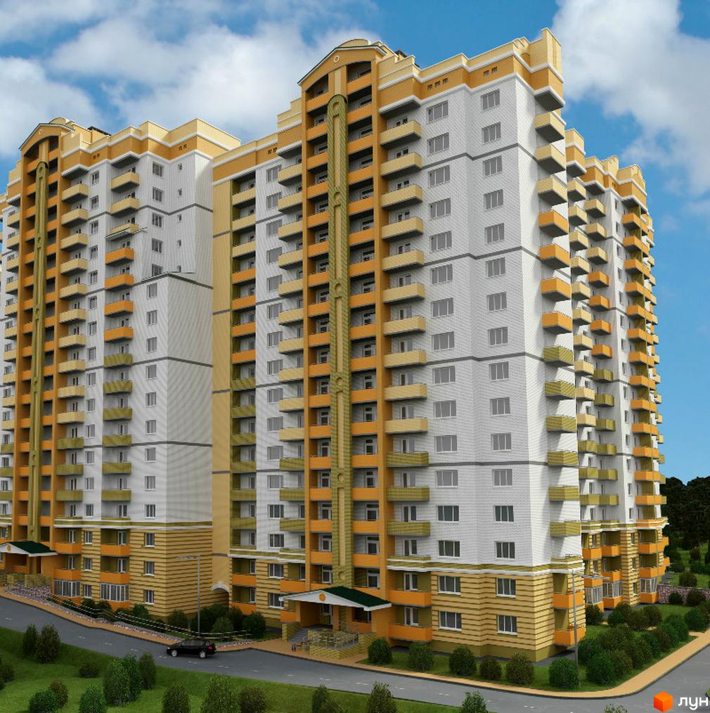 Зовнішній вигляд житлового комплексу Stugna House з білими та жовтими фасадами, балконами та прибудинковою територією з деревами та дорогою.