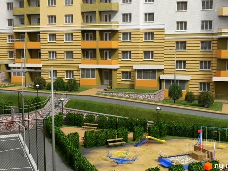 Зовнішній вигляд житлового комплексу Stugna House з жовто-білими фасадами та балконами. На прибудинковій території розташовані дитячий майданчик, спортивний майданчик та зелені насадження.