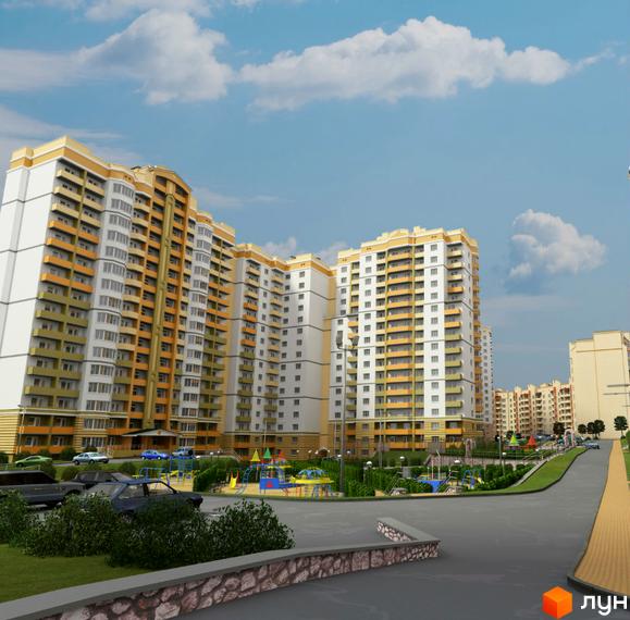 Житловий комплекс Stugna House з жовто-білими фасадами та численними балконами. На прибудинковій території розташовані дитячі майданчики та зелені зони.