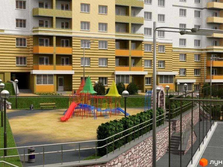 Житловий комплекс Stugna House: фасади жовто-білих будинків з балконами та дитячий майданчик з гірками та гойдалками.