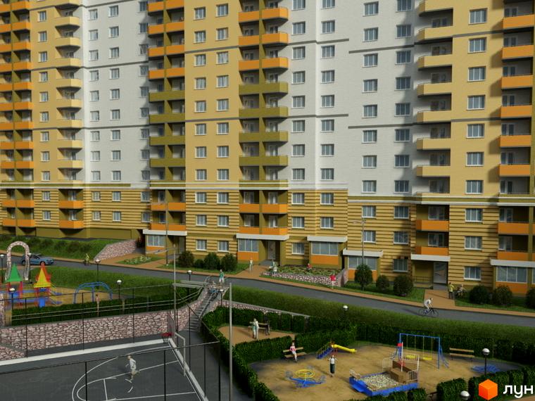 Житловий комплекс Stugna House: багатоповерховий будинок з жовтими та білими фасадами, балконами. На прибудинковій території дитячий майданчик, спортивний майданчик, зелені насадження.