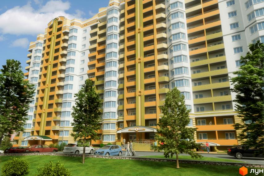 Зовнішній вигляд новобудови ЖК Stugna House з жовто-білими фасадами та балконами. Навколо комплексу зелена зона з деревами та припаркованими автомобілями.