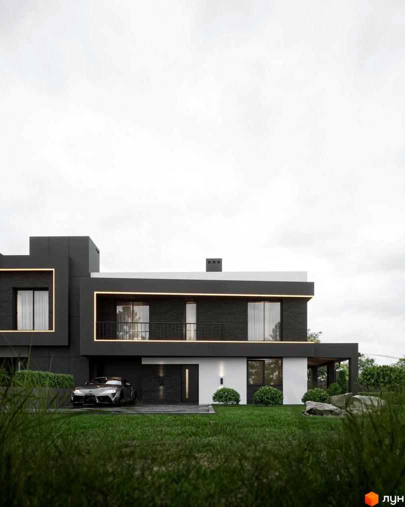 Котеджне містечко КМ PARK by berezivka: двоповерховий будинок з темною цегляною облицовкою та підсвіткою, перед будинком зелений газон та спортивне авто.