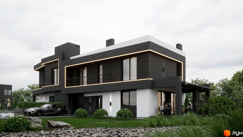 Котеджне містечко КМ PARK by berezivka: двоповерховий будинок з чорним та білим фасадом, підсвіткою та автомобілем на подвір'ї.