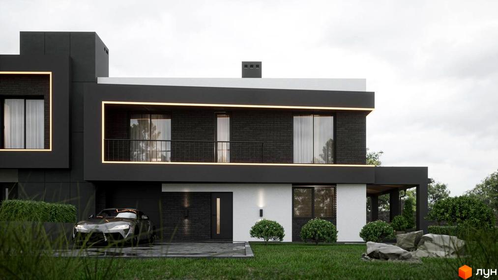 Зовнішній вигляд будинку КМ PARK by berezivka з темною цегляною обробкою та підсвіткою. Прибудинкова територія з доглянутим газоном та декоративними кущами.