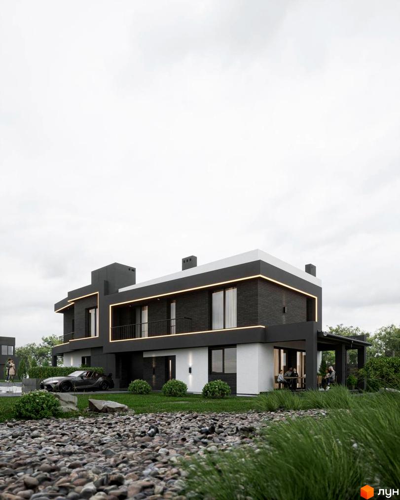 Котеджне містечко КМ PARK by berezivka. Сучасний двоповерховий будинок з темним фасадом, білими вставками та підсвіткою. Прибудинкова територія з газоном, деревами та дорогою машиною.