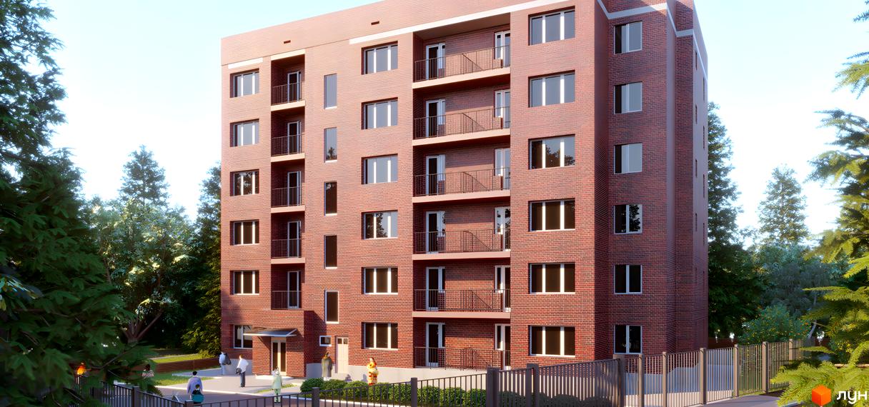 Клубний будинок 7Residence з цегляним фасадом та балконами, оточений деревами та огородженою територією.