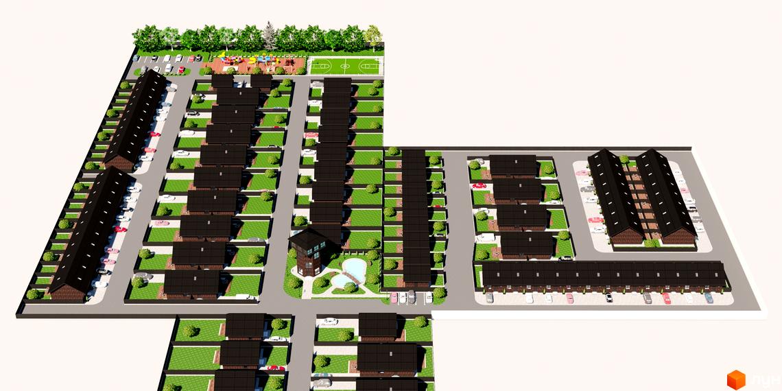 Вигляд Котеджного містечка Бельгійське село з висоти пташиного польоту: будинки з темною покрівлею, доглянута прибудинкова територія, парковка та дитячий майданчик.