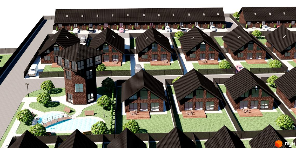 Котеджне містечко Бельгійське село: цегляні будинки з темними дахами. На території є басейн, місток та зелені насадження.