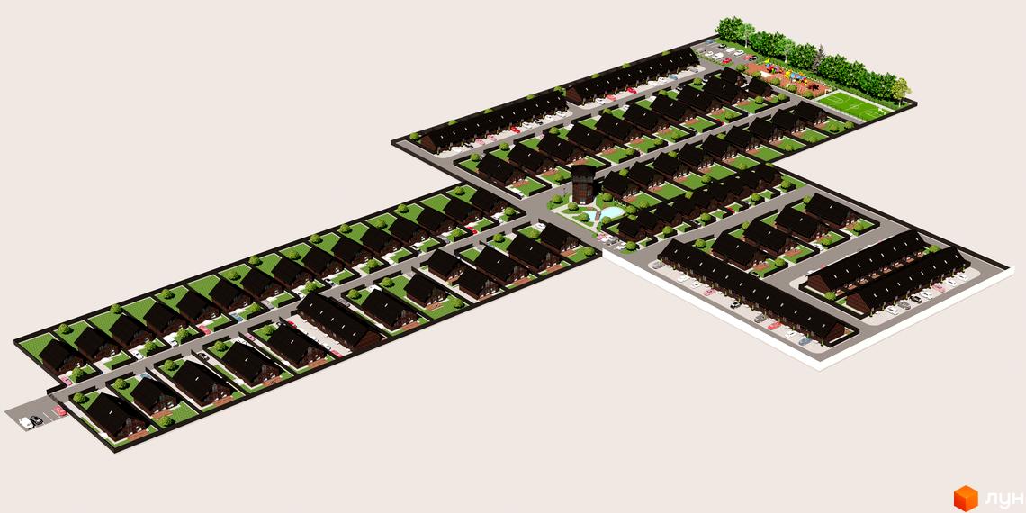 Візуалізація Котеджного містечка Бельгійське село. Малоповерхова забудова з темними дахами та доглянутою прибудинковою територією, включаючи парковки та зелені зони.