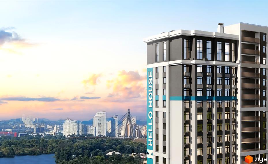 Висотна будівля житлового комплексу з панорамними вікнами, на фоні міського пейзажу та мосту. На фасаді напис 