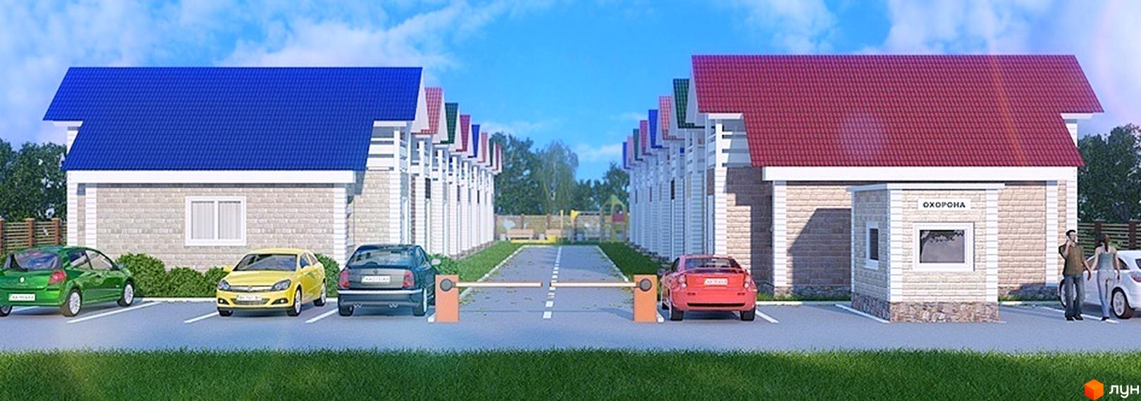 Котеджне містечко Прованс: фасади будинків з різнокольоровими дахами та прибудинкова територія з парковкою та дитячим майданчиком.