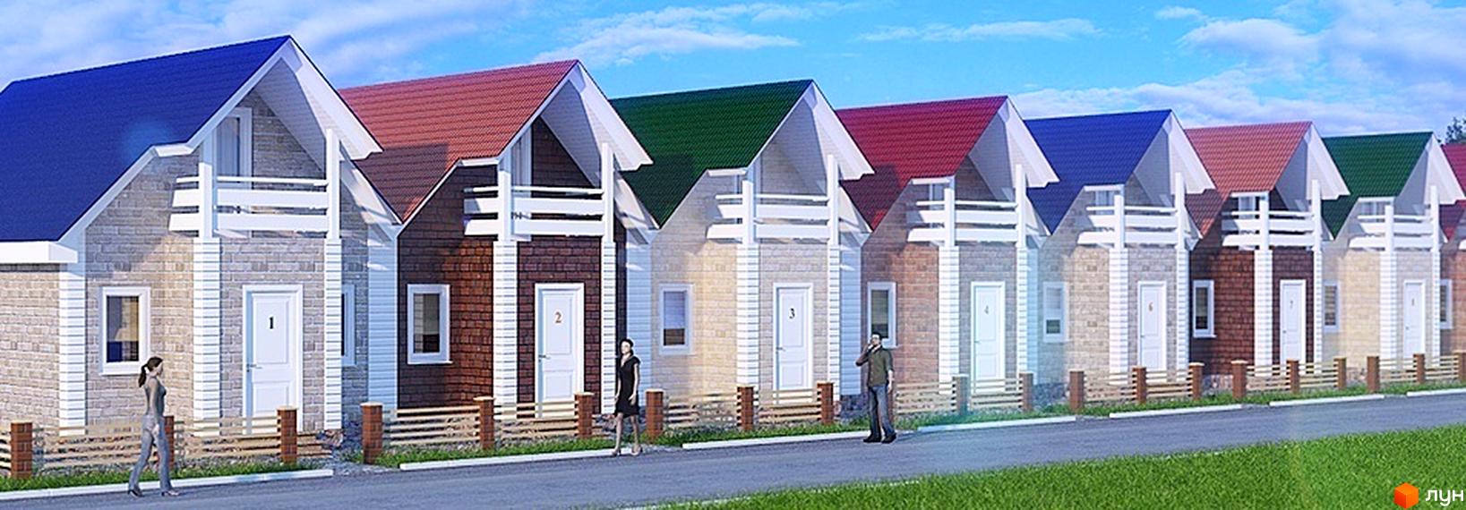 Котеджне містечко КМ Прованс: ряд однотипних будинків з різнокольоровими дахами та білими балконами. Прибудинкова територія з зеленим газоном та дорогою.