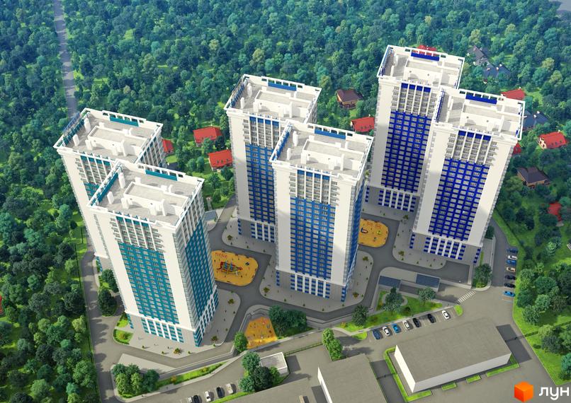 Житловий комплекс Омега - вид зверху на багатоповерхові будинки з синіми та бірюзовими елементами фасаду. На прибудинковій території облаштовані дитячі майданчики та паркувальні місця.