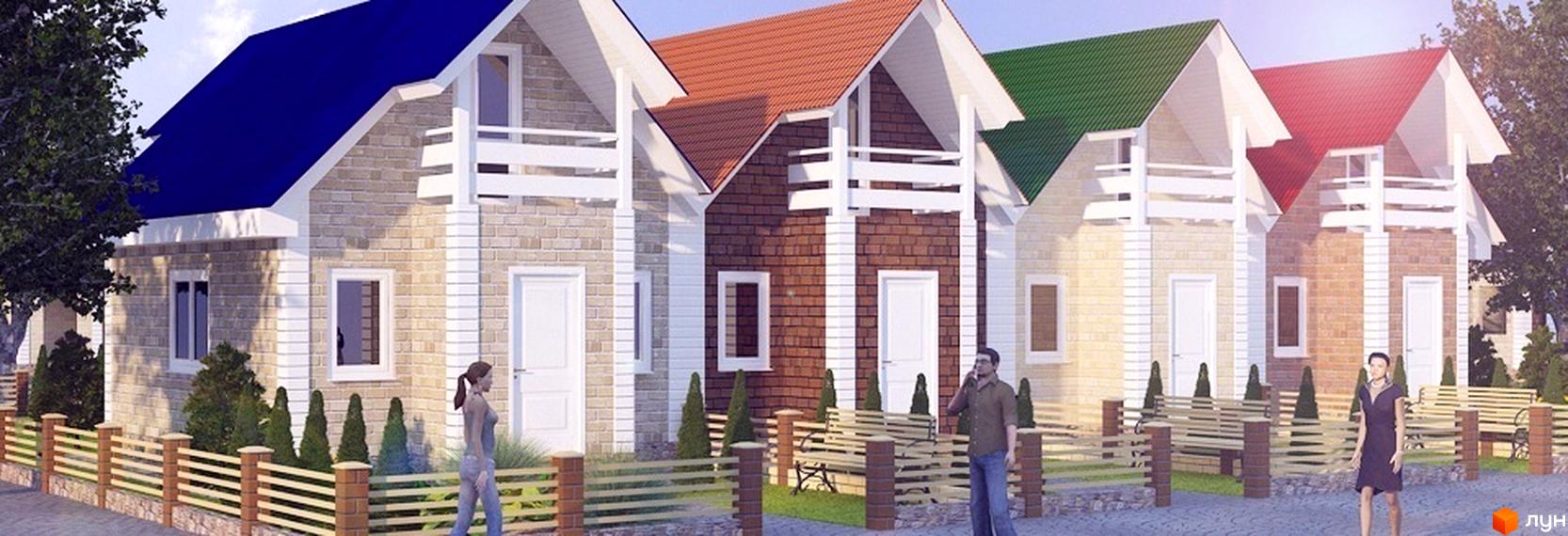 Котеджне містечко КМ Прованс: фасади будинків з цегли та дерева, черепичні дахи різних кольорів. Прибудинкова територія з парканами, лавками та зеленими насадженнями.